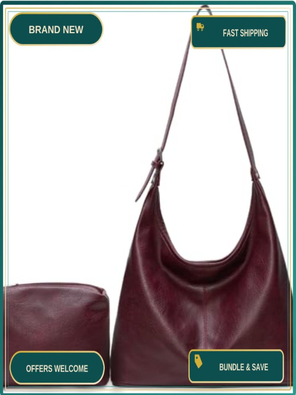 Vegan Leather Slouchy Hobo Shoulder Bag with Matching Pouch